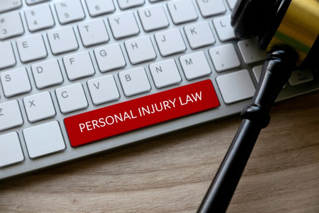 What to Know Before Filing a Personal Injury Lawsuit featured image. Photo of a keyboard with a "personal injury law" button added. A gavel rests on the keyboard.